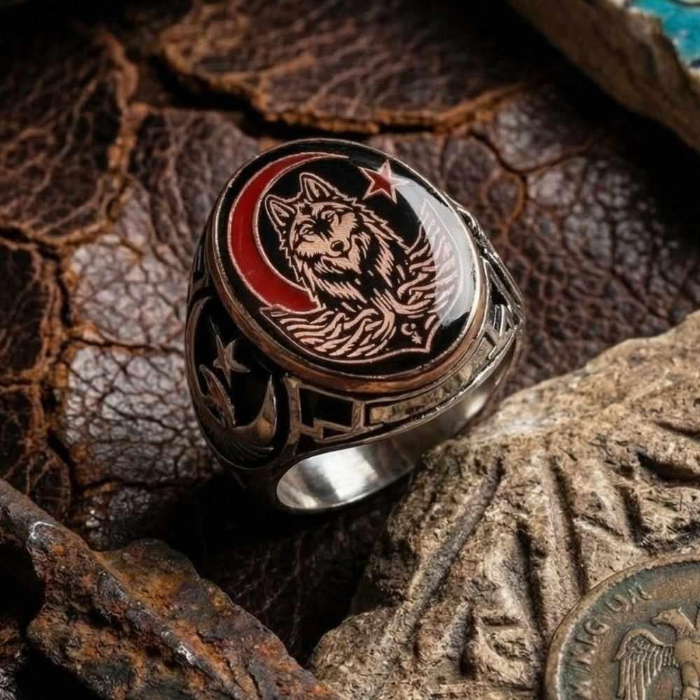 Oval Yanları Kartal Bozkurt Ay Yıldız Gümüş YüzükBozkurt Yüzükleri