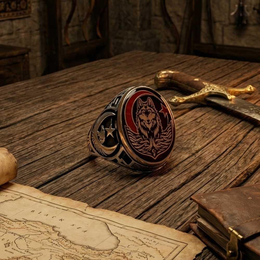 Oval Yanları Kartal Bozkurt Ay Yıldız Gümüş YüzükBozkurt Yüzükleri