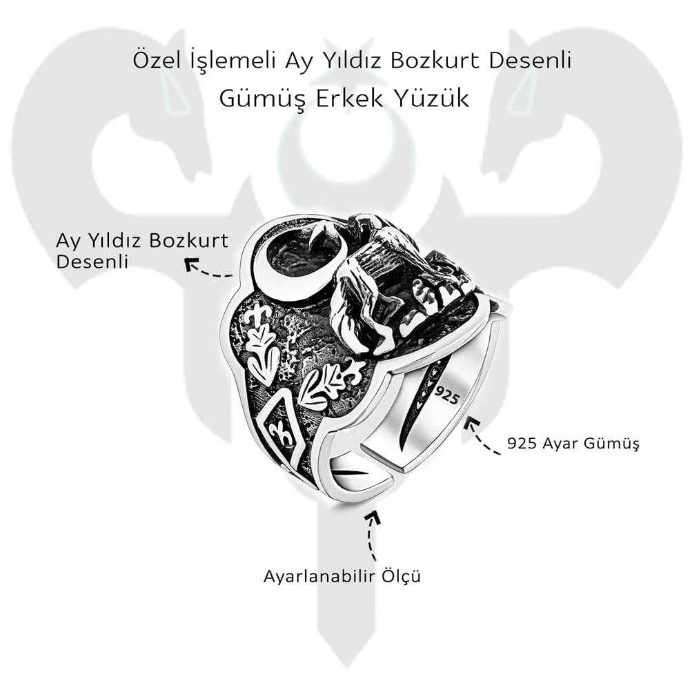 Özel İşlemeli Ay Yıldız Bozkurt Desenli Gümüş Erkek Yüzük