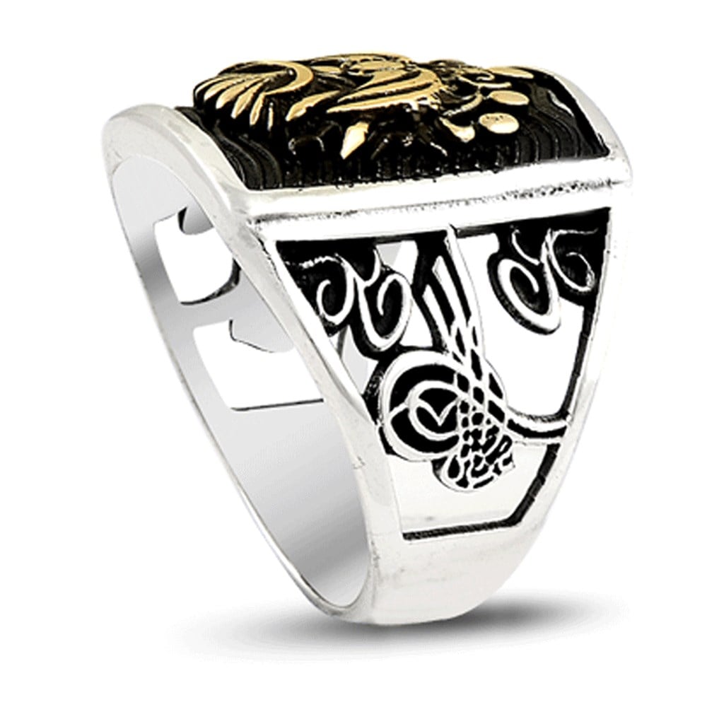 Özel Siyah Zemin Osmanlı Devlet Armalı Gümüş Erkek Yüzük