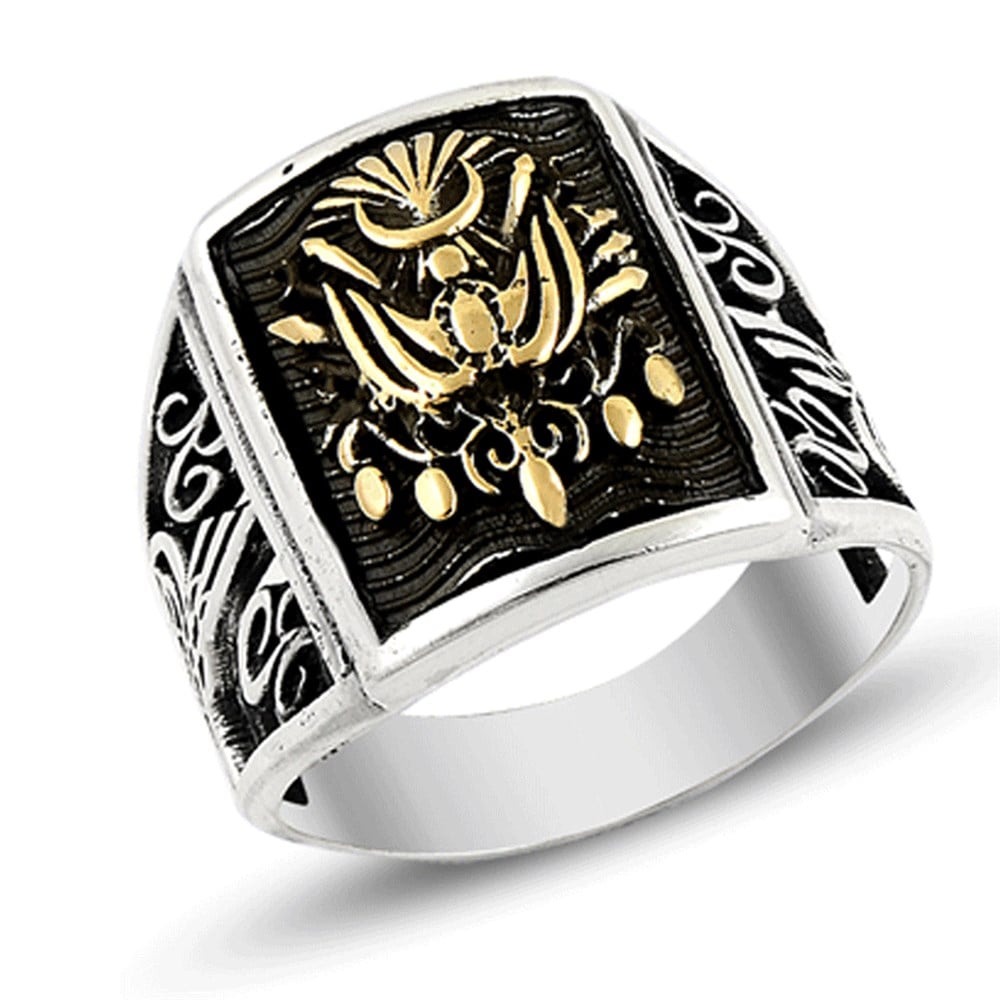 Özel Siyah Zemin Osmanlı Devlet Armalı Gümüş Erkek Yüzük