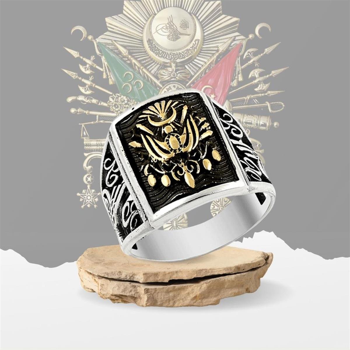 Özel Siyah Zemin Osmanlı Devlet Armalı Gümüş Erkek Yüzük