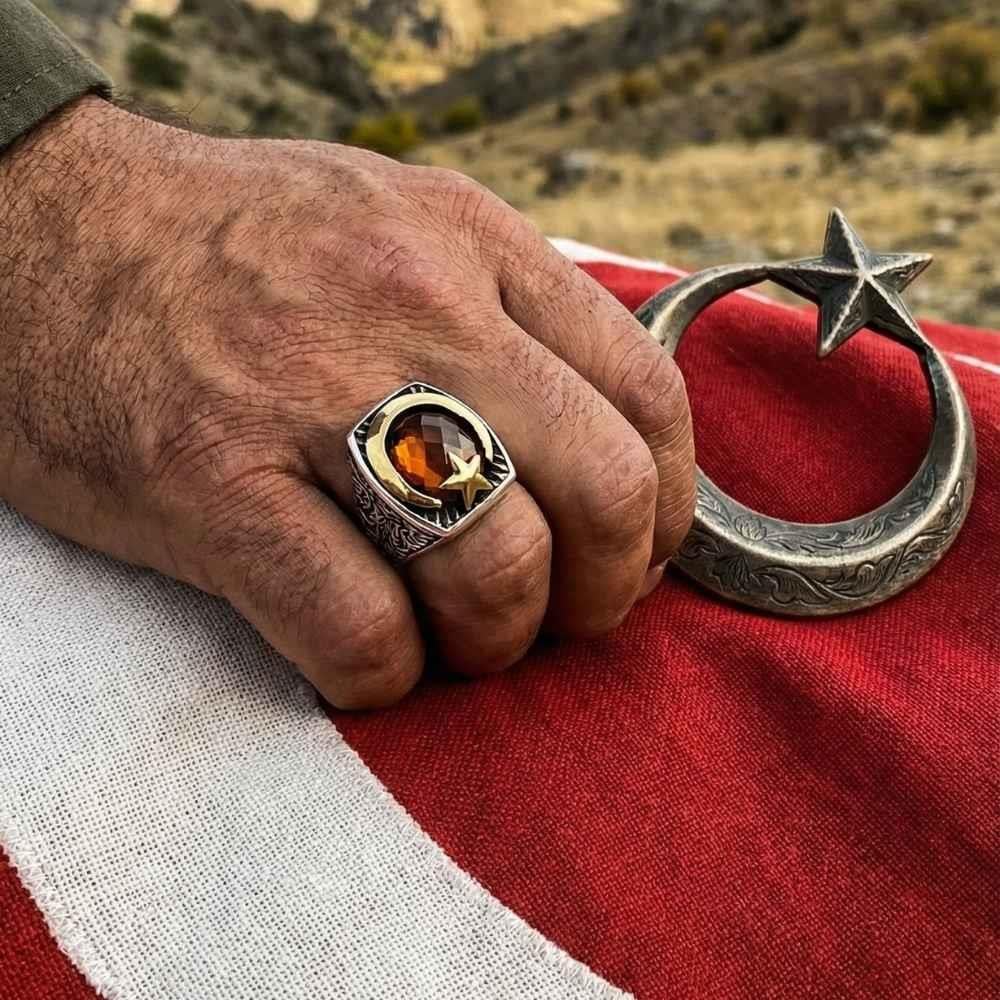 Özel Zirkon Taşlı Ay Yıldız Model Gümüş Erkek YüzükAy Yıldız Yüzükler