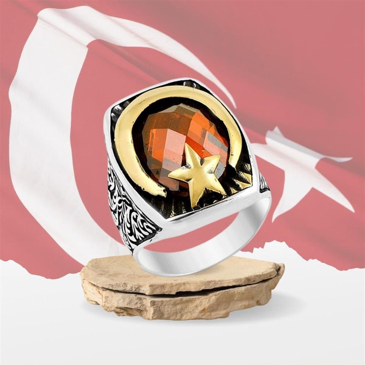 Özel Zirkon Taşlı Ay Yıldız Model Gümüş Erkek Yüzük
