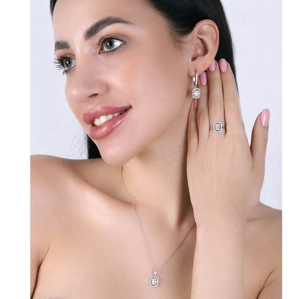 Parça Baget Taşlı Kadın Gümüş Set