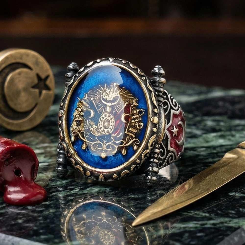 Payitaht Model Osmanlı Devlet Armalı Gümüş Erkek Yüzük MaviOsmanlı Yüzükleri
