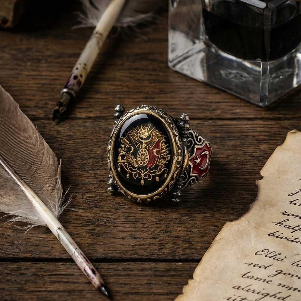 Payitaht Model Osmanlı Devlet Armalı Gümüş Yüzük SiyahOsmanlı Yüzükleri