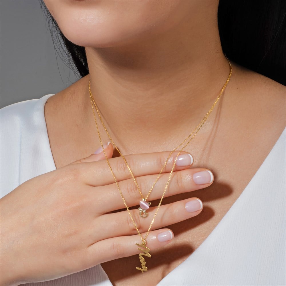 Pembe Kuvars Taşlı İsim Yazılı Gümüş Kolye Gold