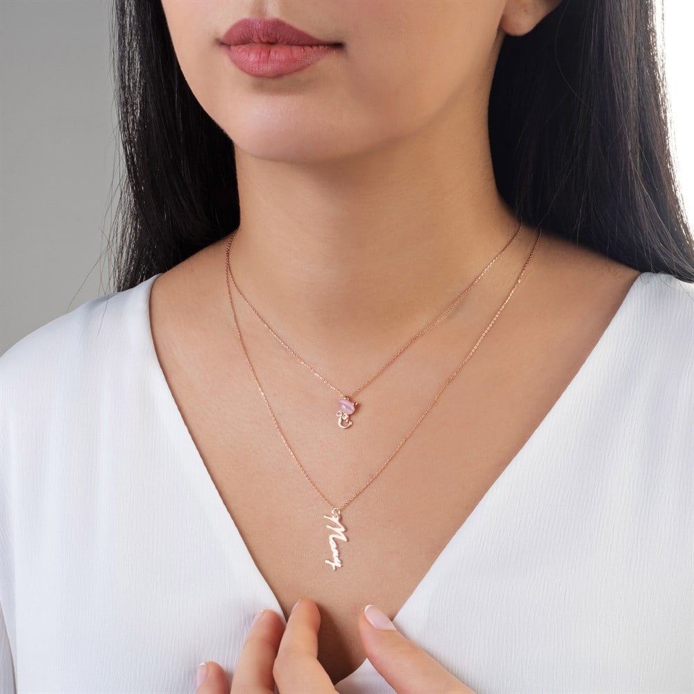 Pembe Kuvars Taşlı İsim Yazılı Gümüş Kolye Rose