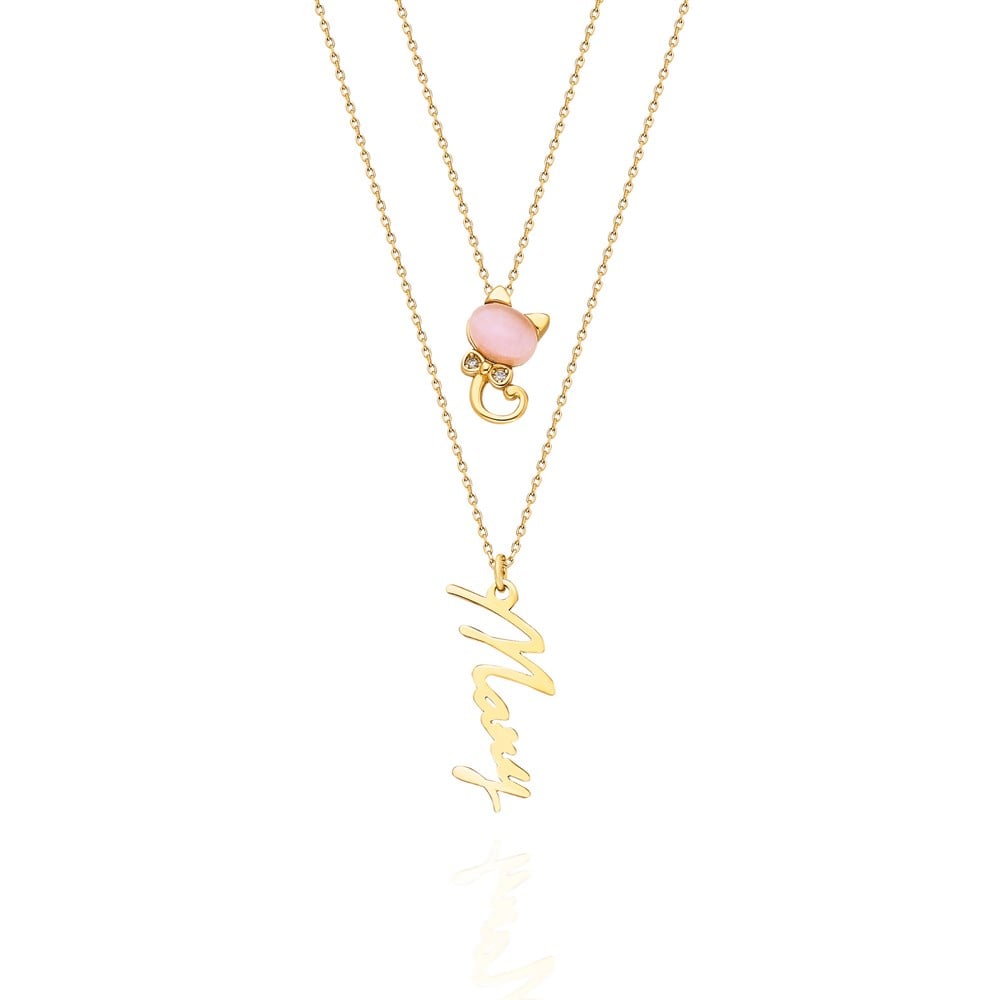 Pembe Kuvars Taşlı İsim Yazılı Gümüş Kolye Gold