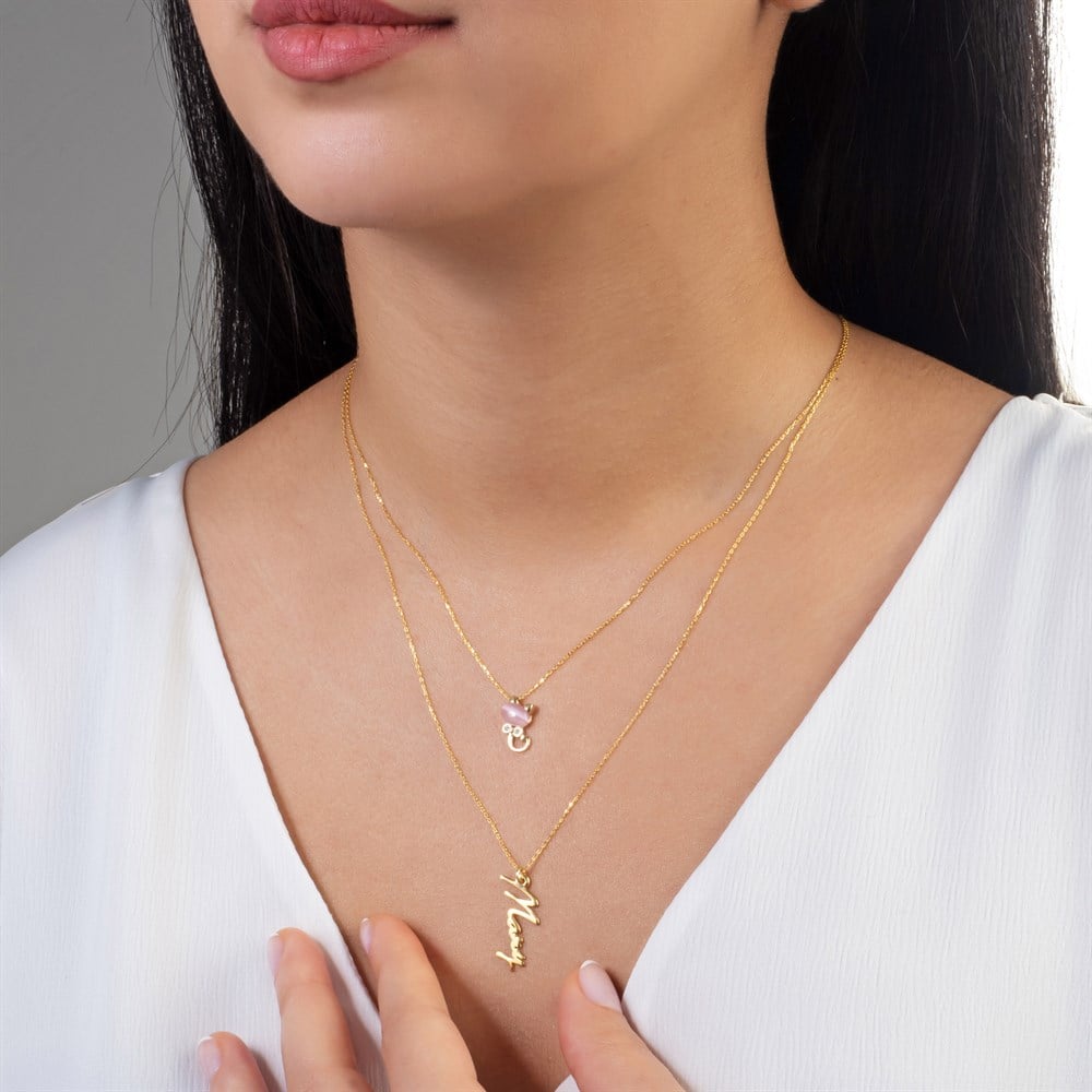 Pembe Kuvars Taşlı İsim Yazılı Gümüş Kolye Gold