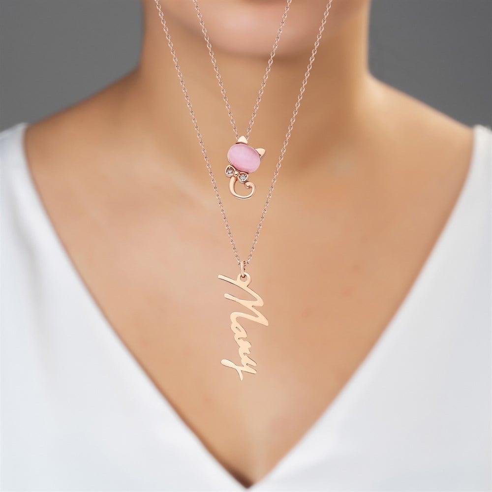 Pembe Kuvars Taşlı İsim Yazılı Gümüş Kolye Rose