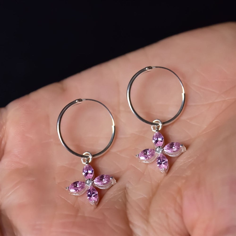Pembe Zirkon Taşlı Çiçek Sallantılı Küpe