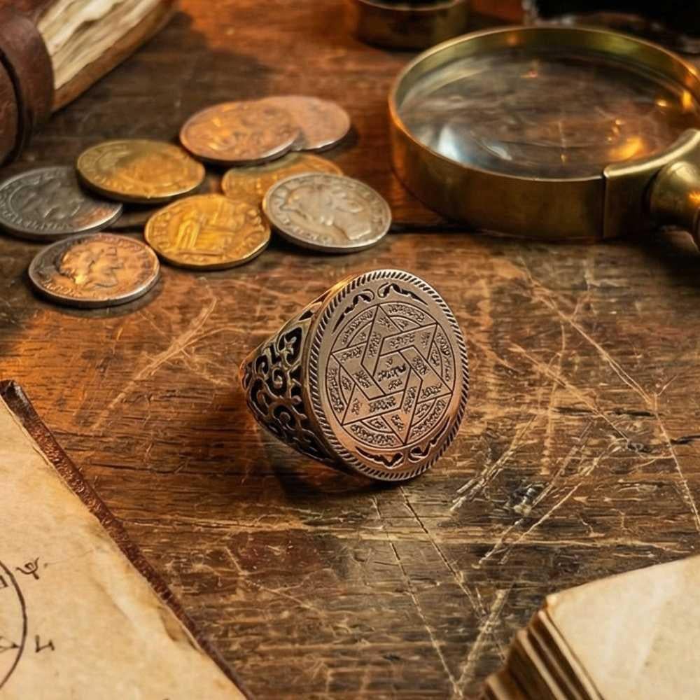 Plaka Üzeri Süleyman Mührü İşlemeli Gümüş YüzükSüleyman Mührü Yüzükler