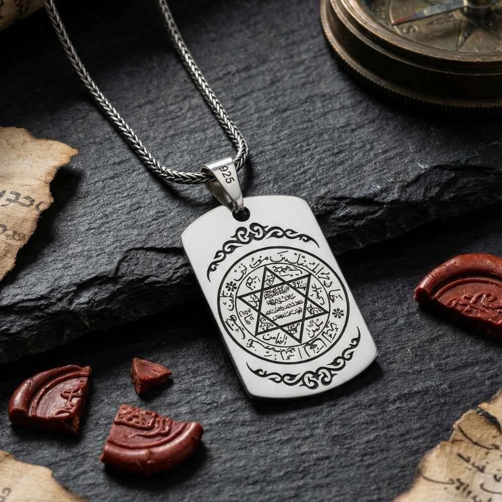 Plaka Üzeri Süleyman Mührü İşlemeli Motifli Gümüş KolyeSüleyman Mührü Kolye