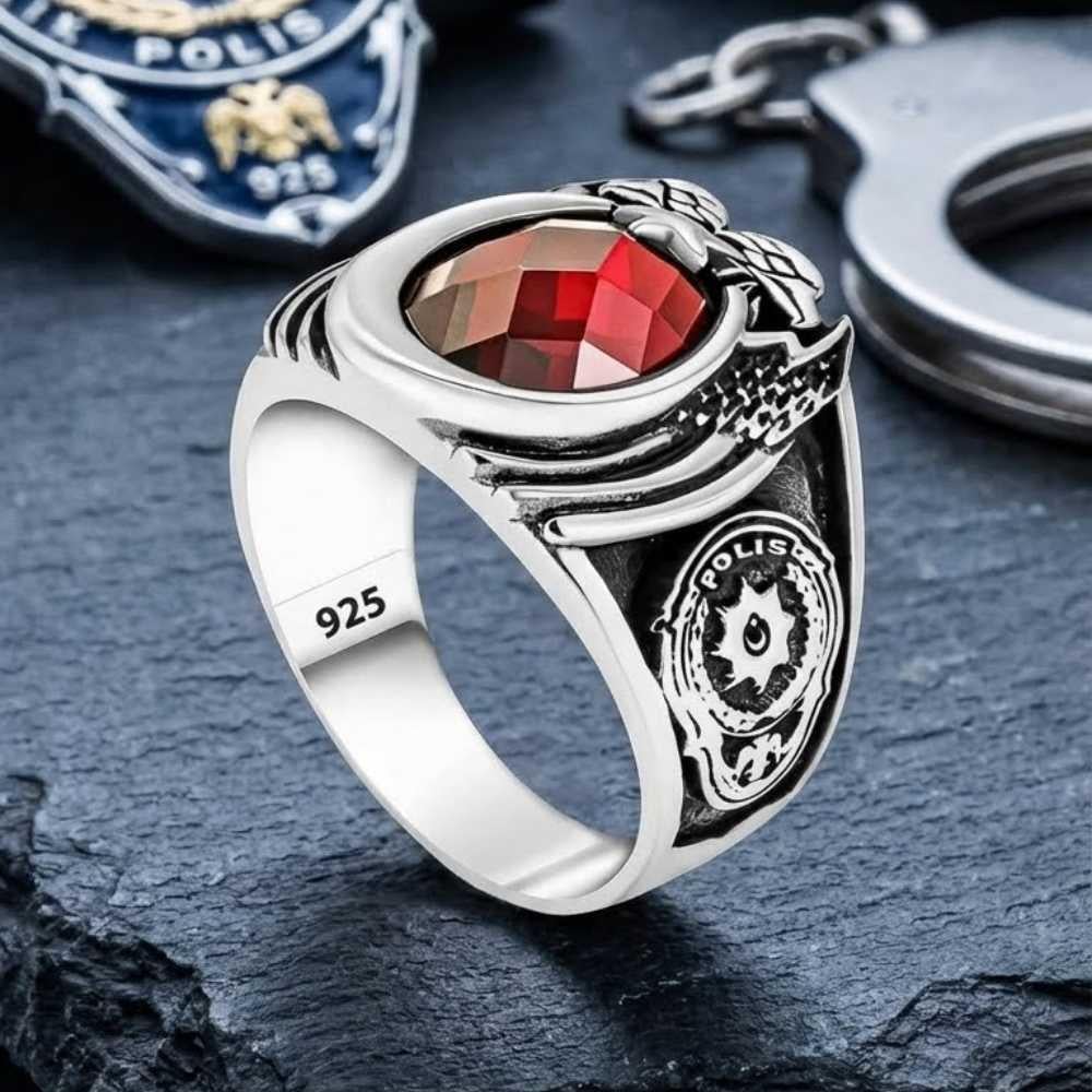 Polis Armalı Zirkon Taşlı Gümüş YüzükPolis Yüzükleri