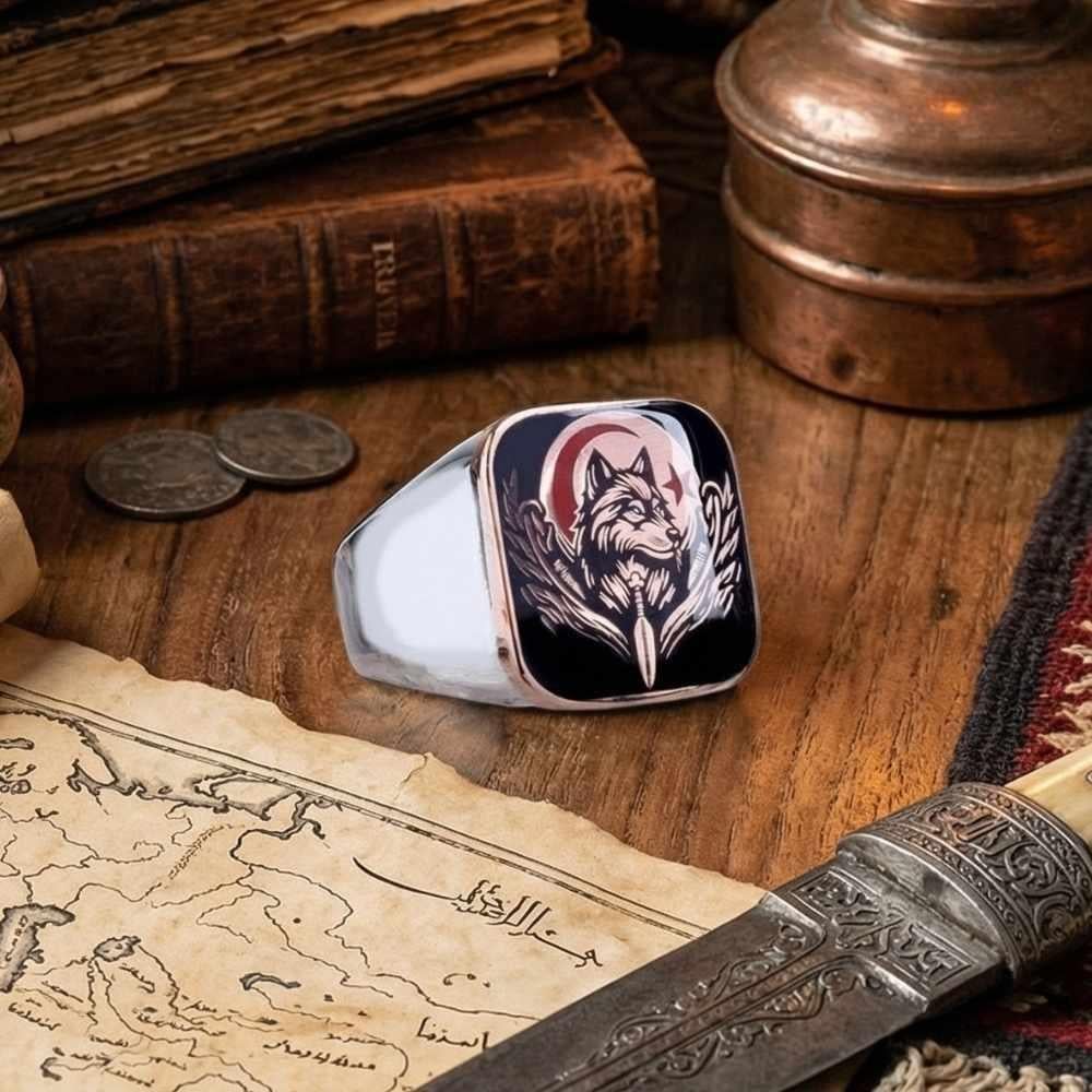 Sade Kasa Bozkurt Türk Bayrağı Gümüş YüzükBozkurt Yüzükleri