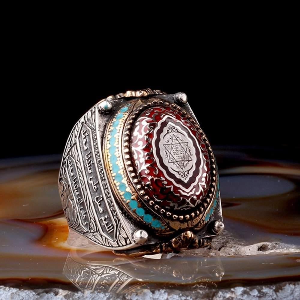 Salavat İşlemeli Mührü Süleyman Gümüş YüzükSeal of Solomon Ring