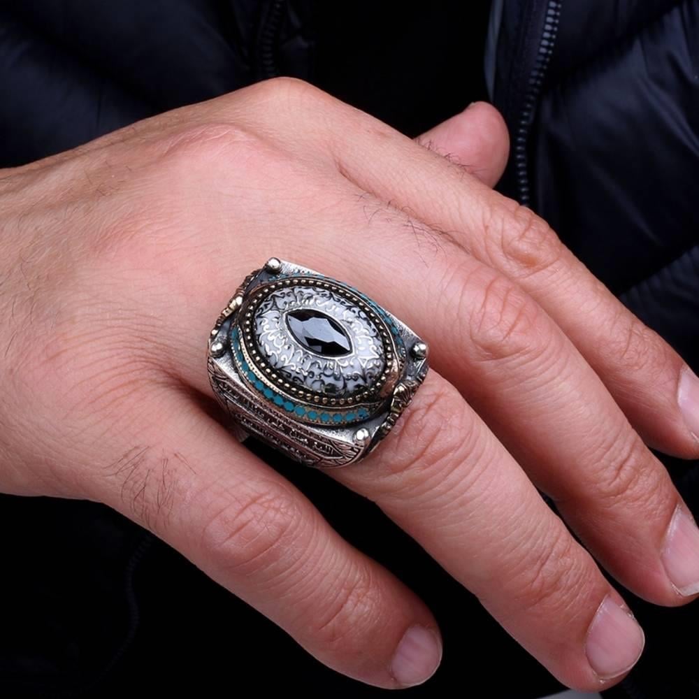 Salavat İşlemeli Siyah Taşlı Gümüş YüzükIslamic Rings