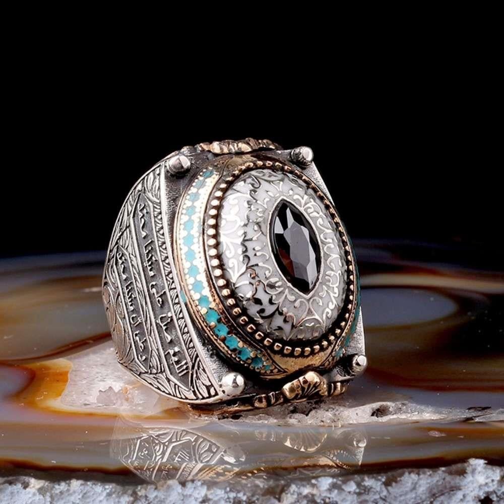Salavat İşlemeli Siyah Taşlı Gümüş YüzükIslamic Rings