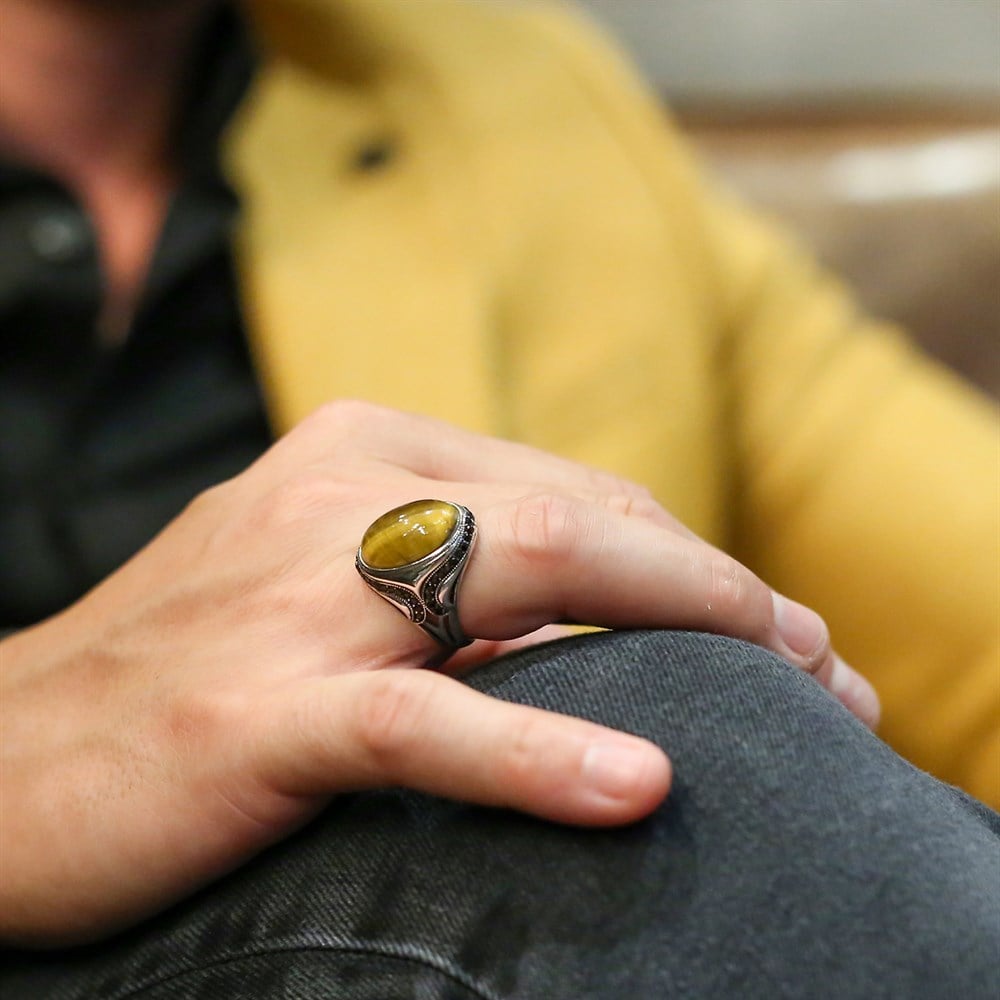 Sarı Kehribar Taşlı Gümüş Erkek Yüzük