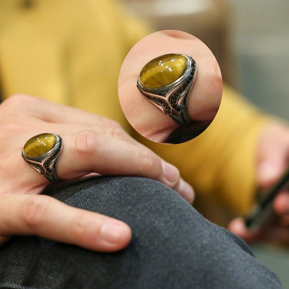 Sarı Kehribar Taşlı Gümüş Erkek Yüzük