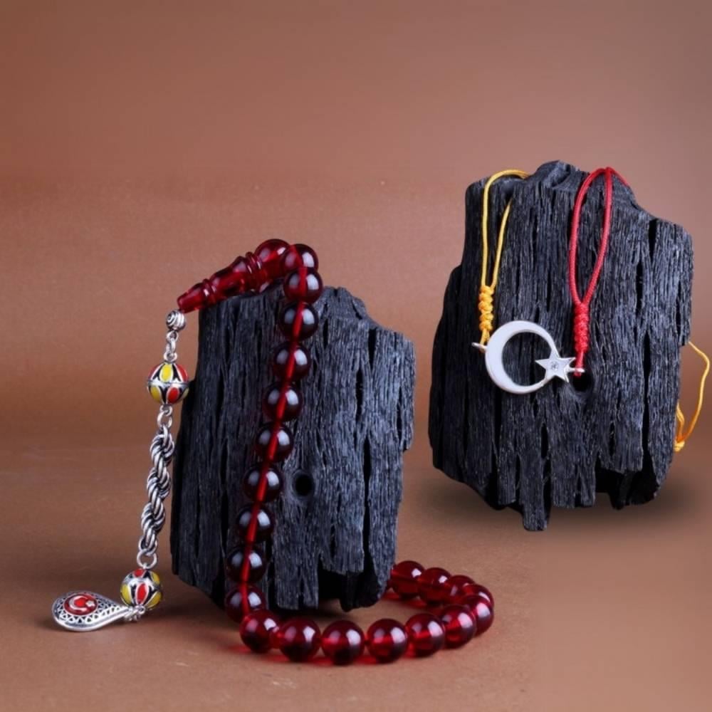 Sarı Kırmızı Ateş Kehribar Tesbih Ay Yıldız Bileklik KombiniKombin