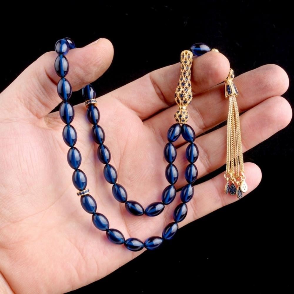 Sarı Lacivert Gümüş Püsküllü Ateş Kehribar TesbihAteş Kehribar Tesbih