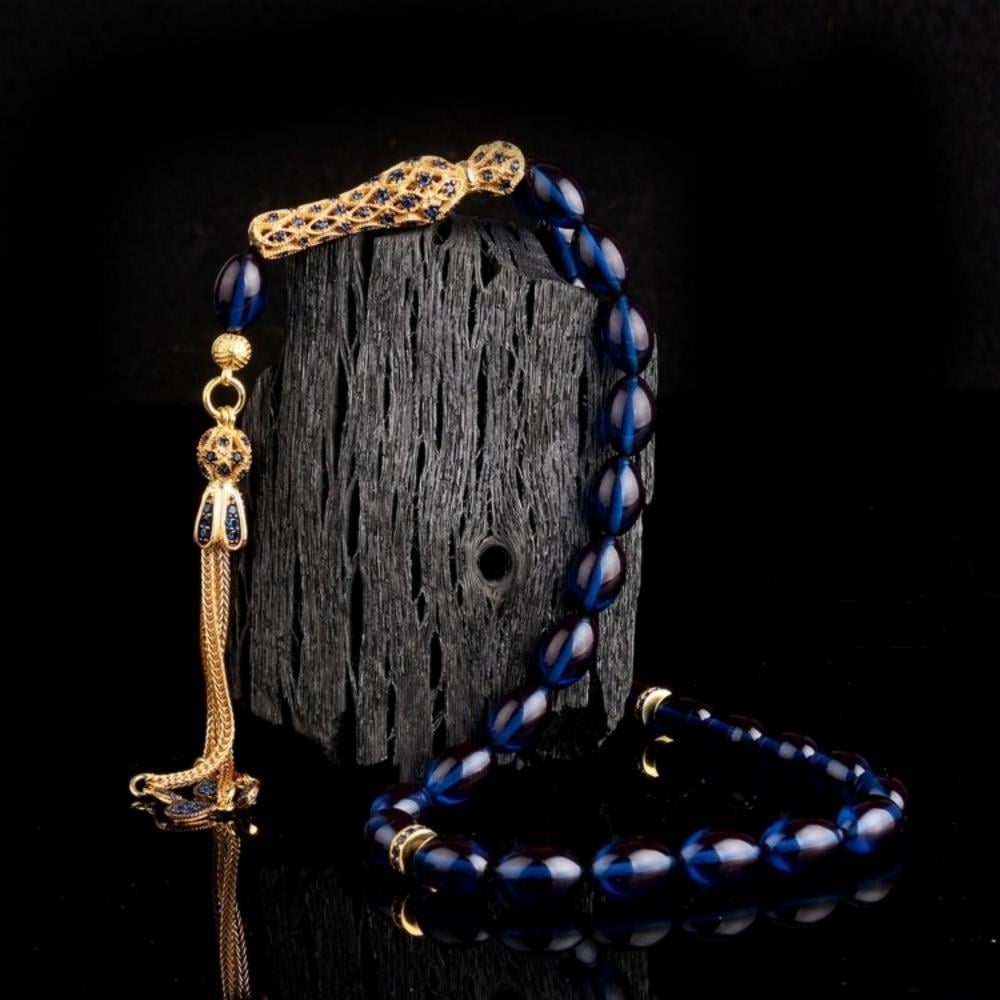 Sarı Lacivert Gümüş Püsküllü Ateş Kehribar TesbihAteş Kehribar Tesbih