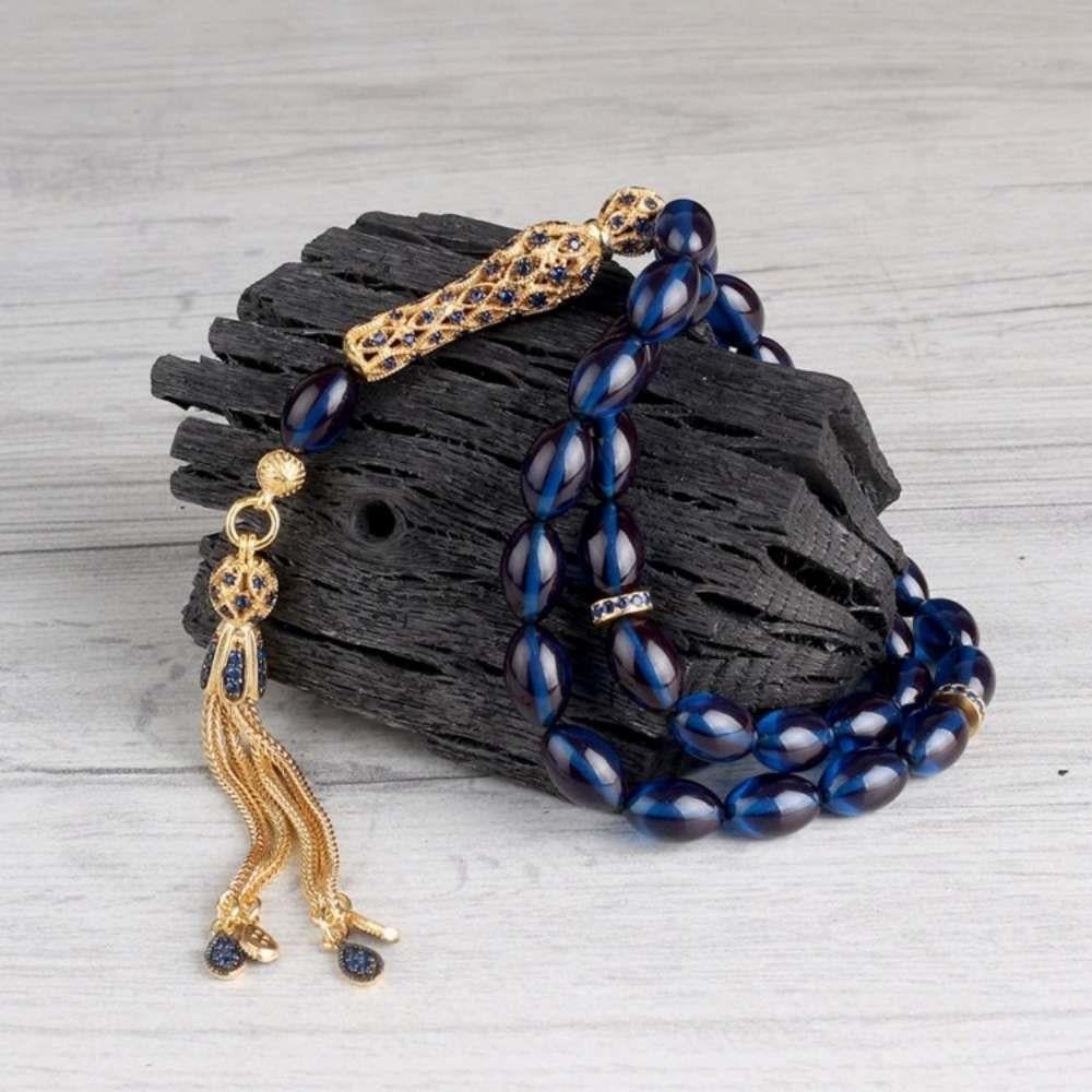 Sarı Lacivert Gümüş Püsküllü Ateş Kehribar TesbihAteş Kehribar Tesbih