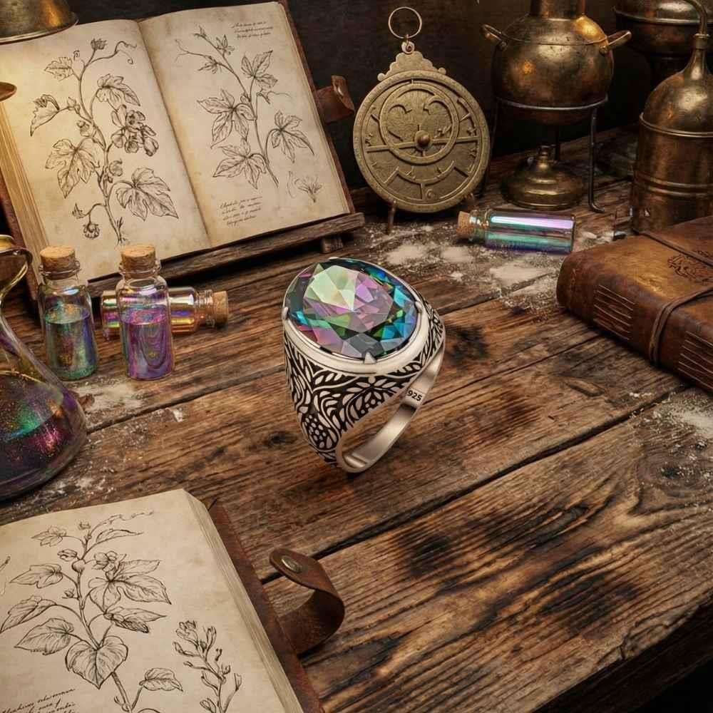 Sarmaşık Desenli Mistik Topaz Taşlı Gümüş YüzükMystic Topaz Stone Ring