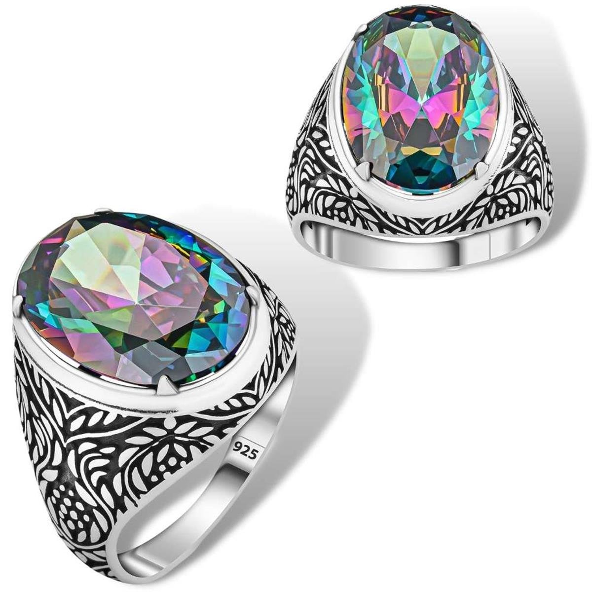 Sarmaşık Desenli Mistik Topaz Taşlı Gümüş Yüzük