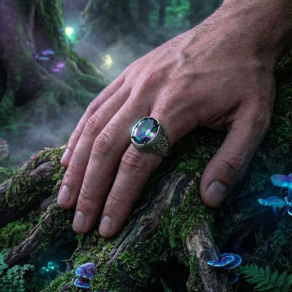 Sarmaşık Desenli Mistik Topaz Taşlı Gümüş YüzükMystic Topaz Stone Ring