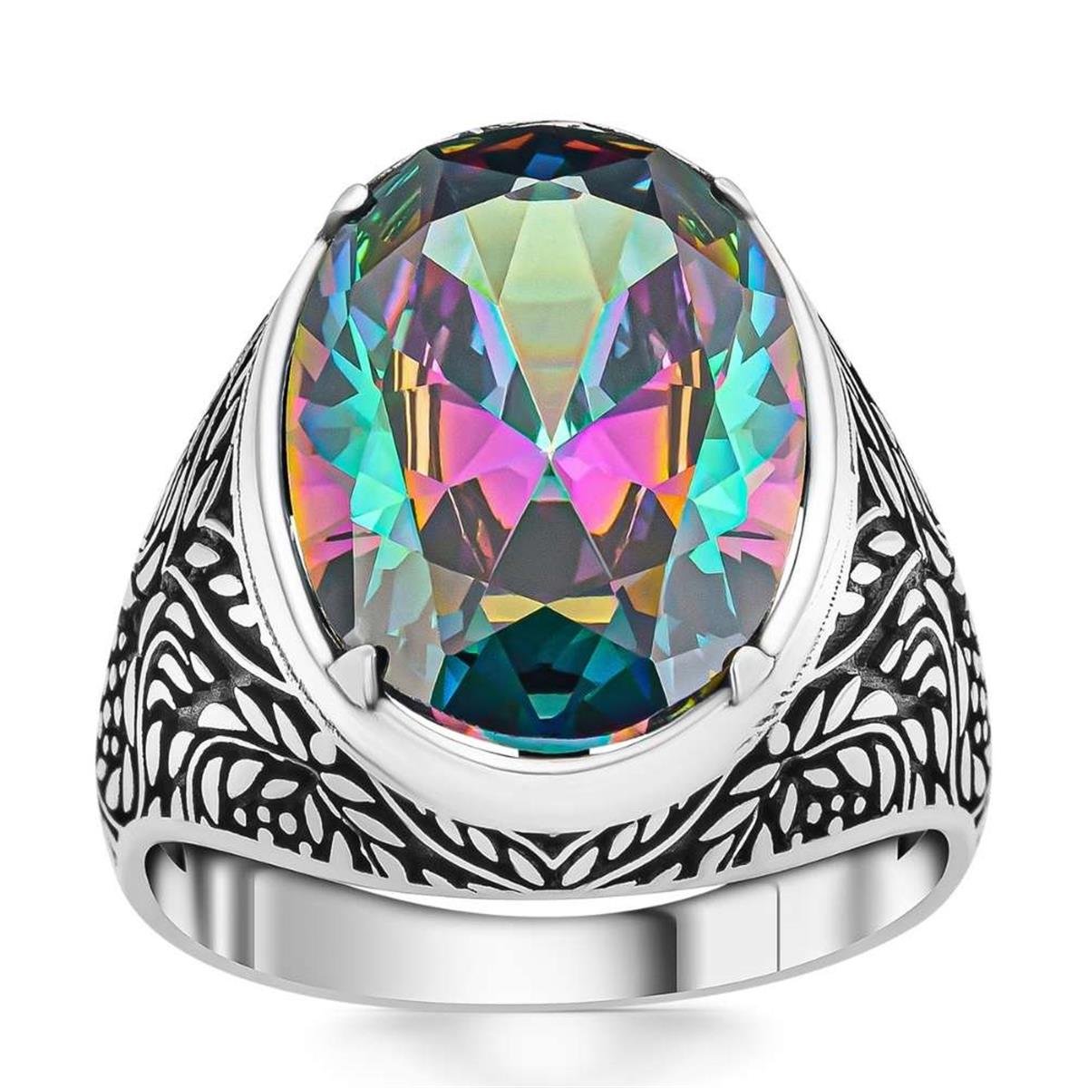 Sarmaşık Desenli Mistik Topaz Taşlı Gümüş Yüzük