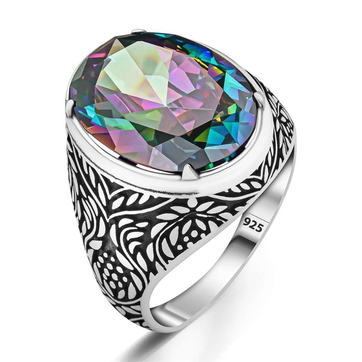 Sarmaşık Desenli Mistik Topaz Taşlı Gümüş Yüzük