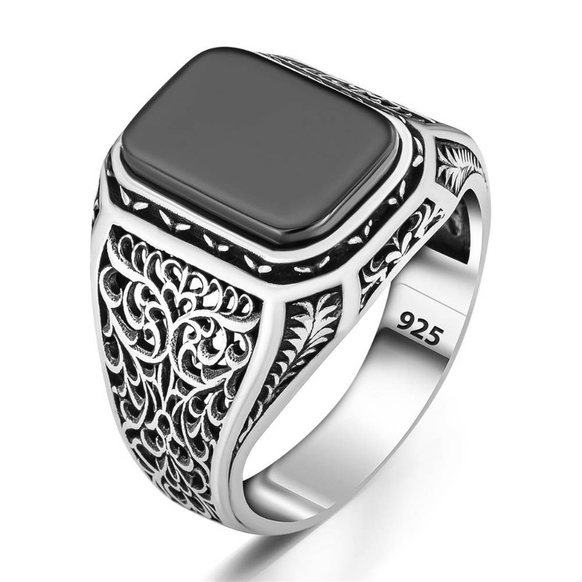 Sarmaşık Motif Oniks Taşlı Gümüş Erkek Yüzük