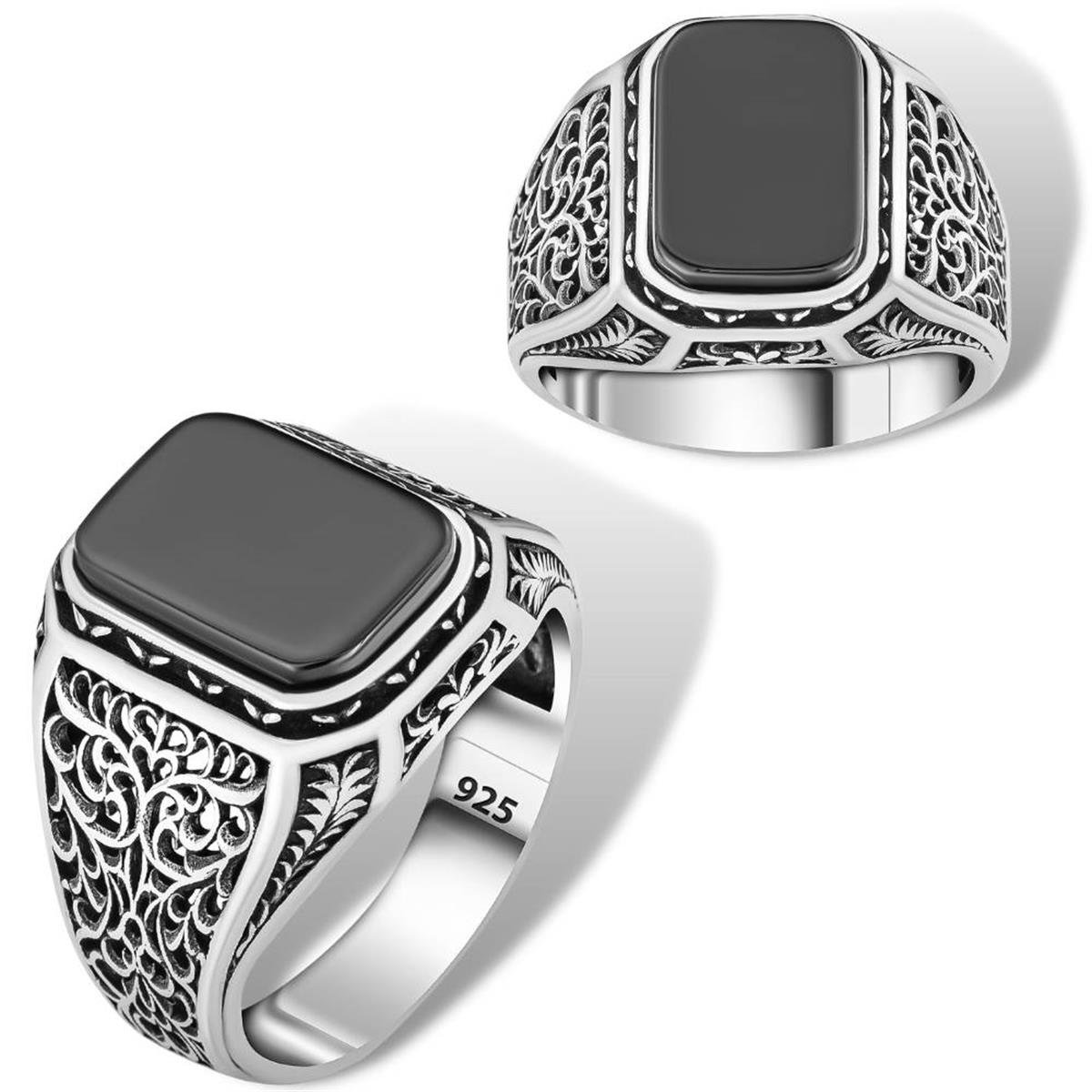 Sarmaşık Motif Oniks Taşlı Gümüş Erkek Yüzük