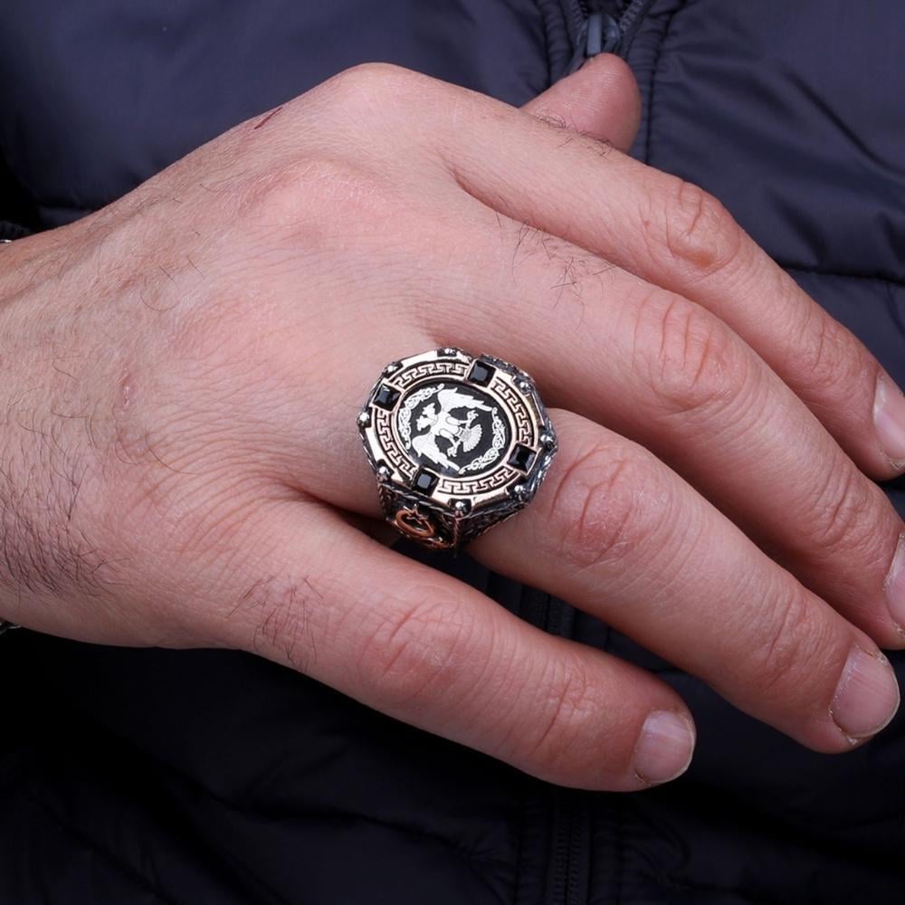 Selçuklu Kartalı Ay Yıldız Detaylı Gümüş YüzükÇift Başlı Kartal Selçuklu Yüzük