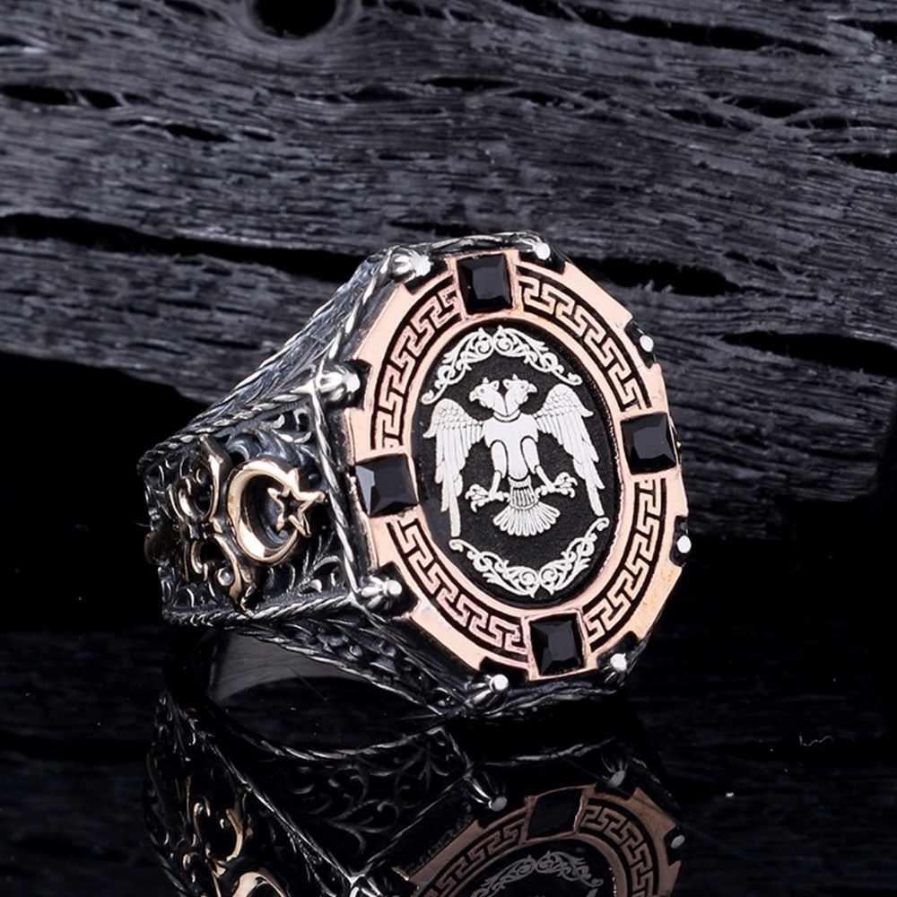 Selçuklu Kartalı Ay Yıldız Detaylı Gümüş YüzükÇift Başlı Kartal Selçuklu Yüzük