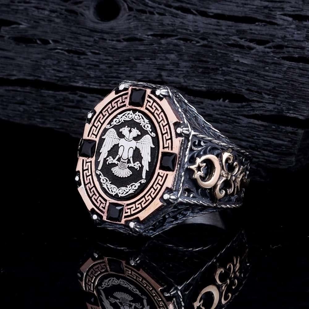 Selçuklu Kartalı Ay Yıldız Detaylı Gümüş YüzükÇift Başlı Kartal Selçuklu Yüzük