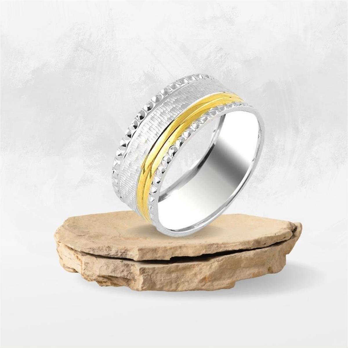 Şerit Motifi 14K Altın Kaplama Gümüş Alyans
