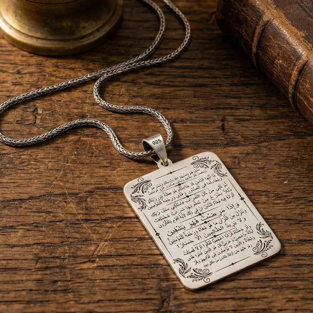 Şifa Ayetleri İşlemeli Gümüş KolyeDualı Kolye