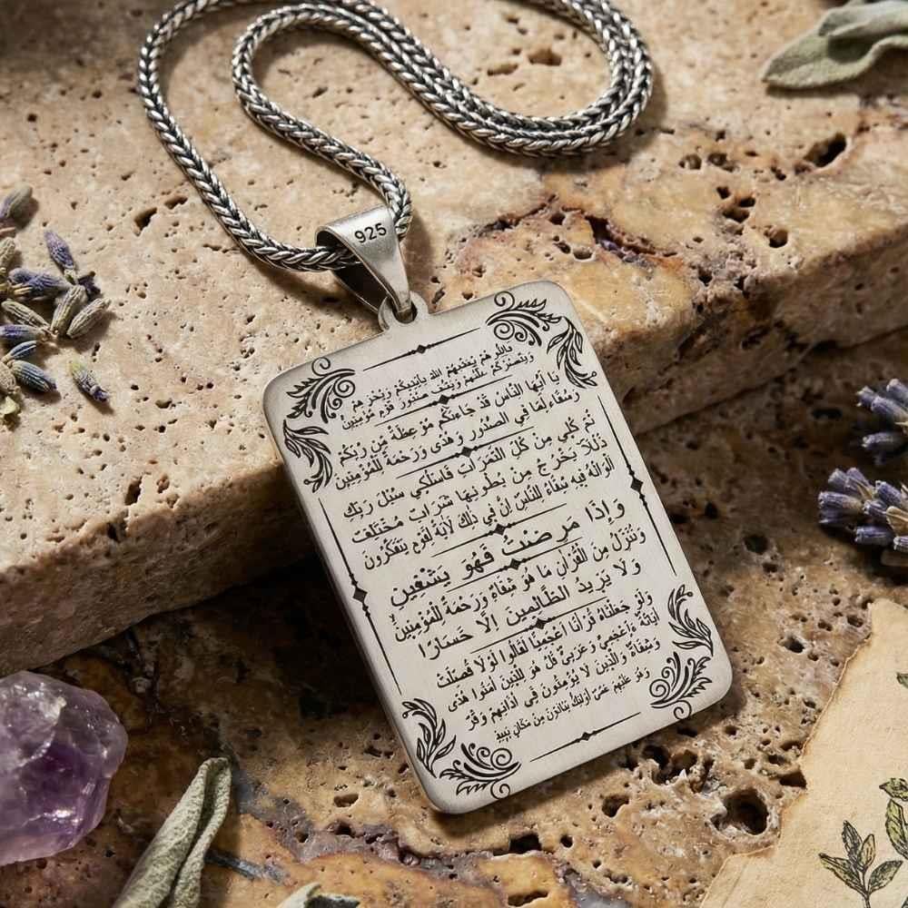 Şifa Ayetleri İşlemeli Gümüş KolyeDualı Kolye