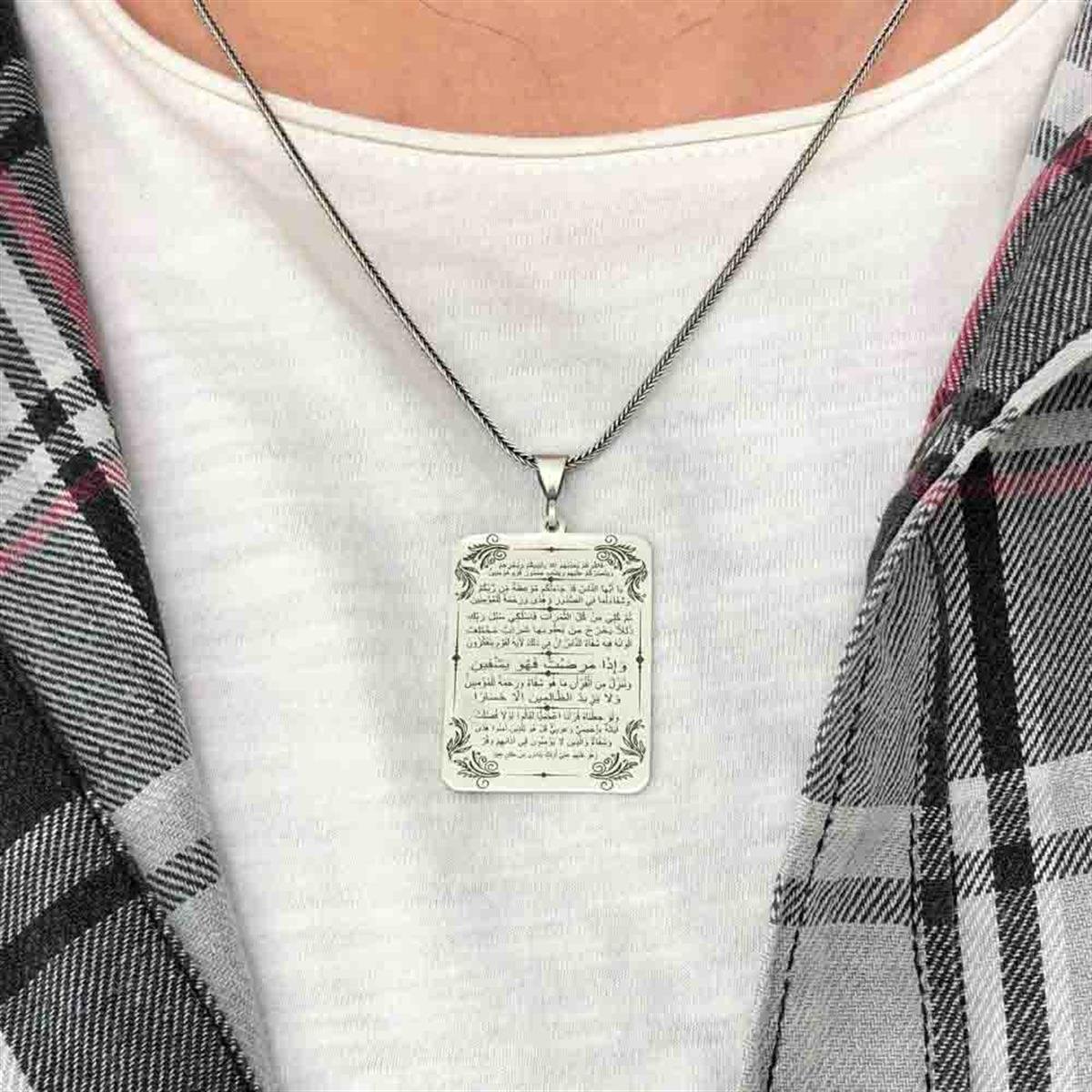 Şifa Ayetleri İşlemeli Gümüş Kolye