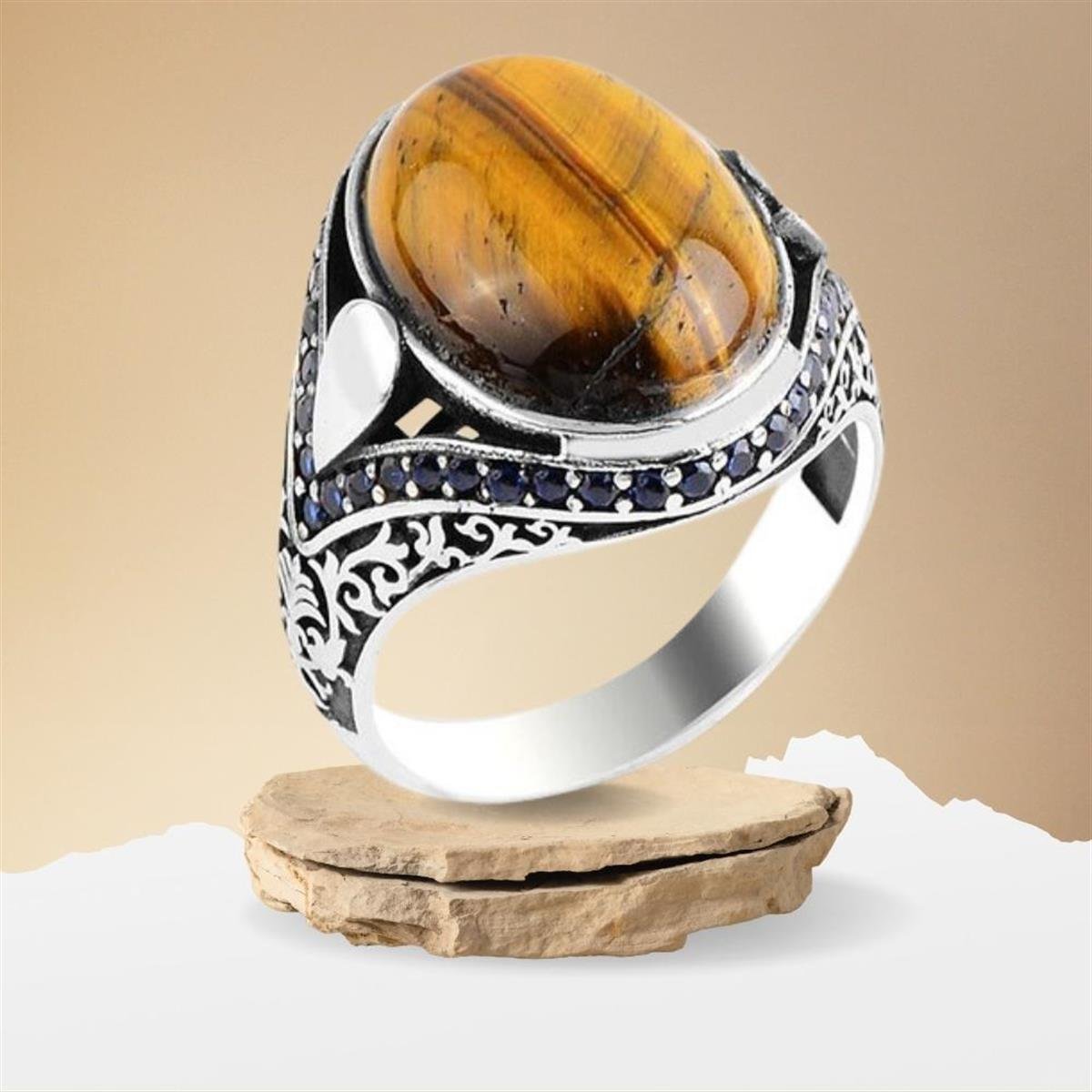 Sıralı Zirkon Taşlı Kaplangözü Osmanlı Desenli Gümüş Yüzük