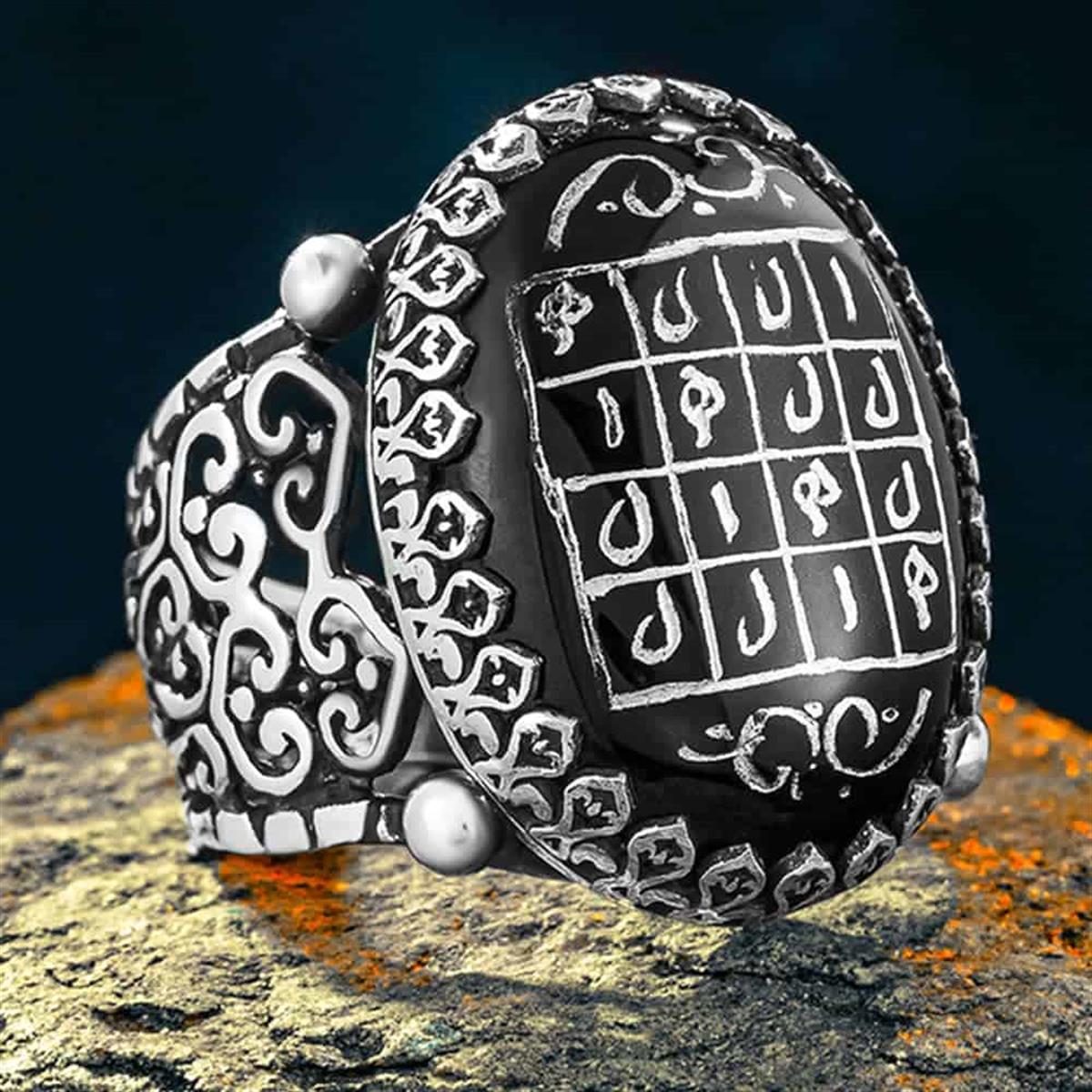 Black Agate Engraved Manuscript Health Vefki Silver Ring