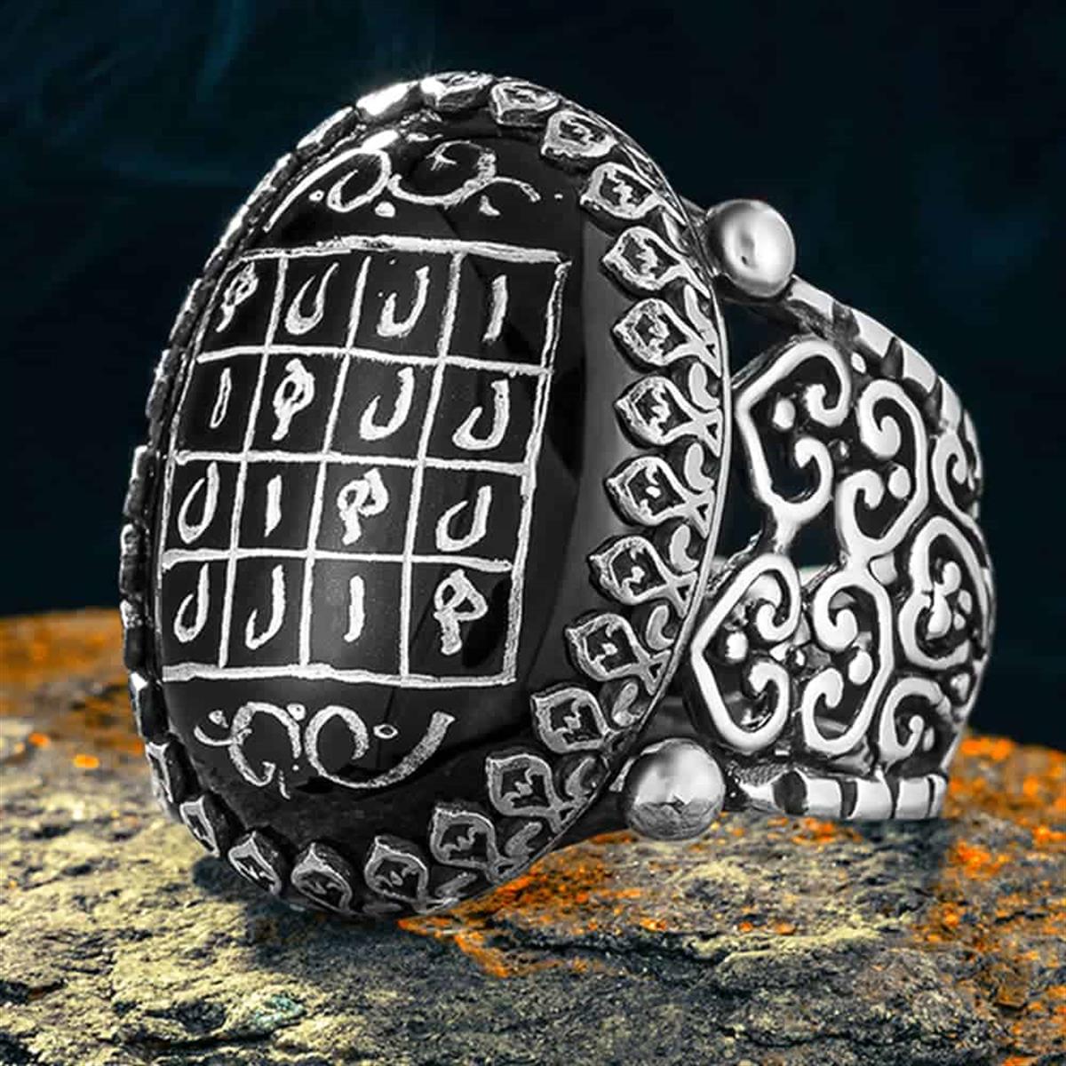 Black Agate Engraved Manuscript Health Vefki Silver Ring
