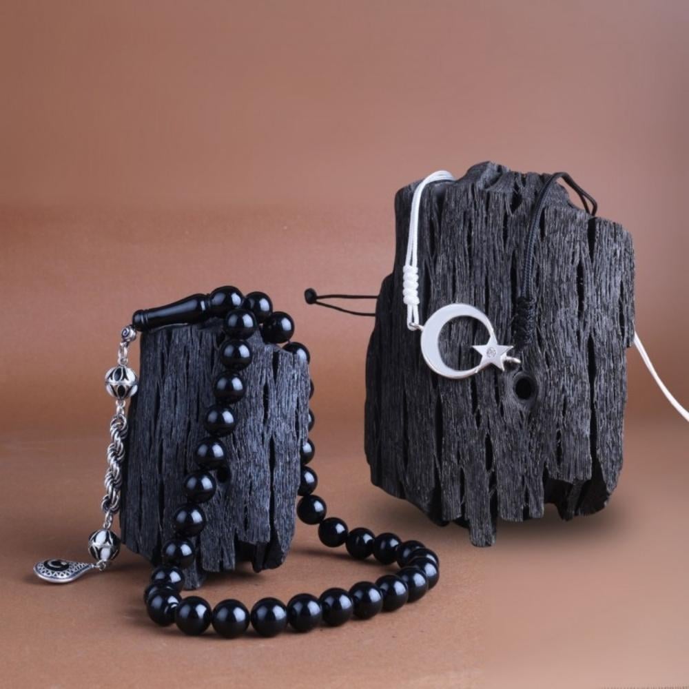 Siyah Beyaz Ateş Kehribar Tesbih Ay Yıldız Bileklik KombiniKombin