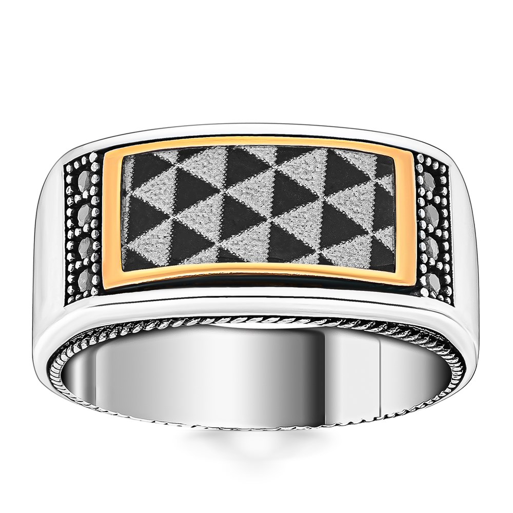 Siyah Beyaz Kare Desenli Kenarları Zirkon Taşlı Gümüş Yüzük