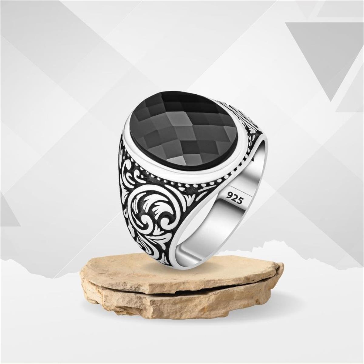 Siyah Kesme Oniks Taşlı Erkek Gümüş Yüzük